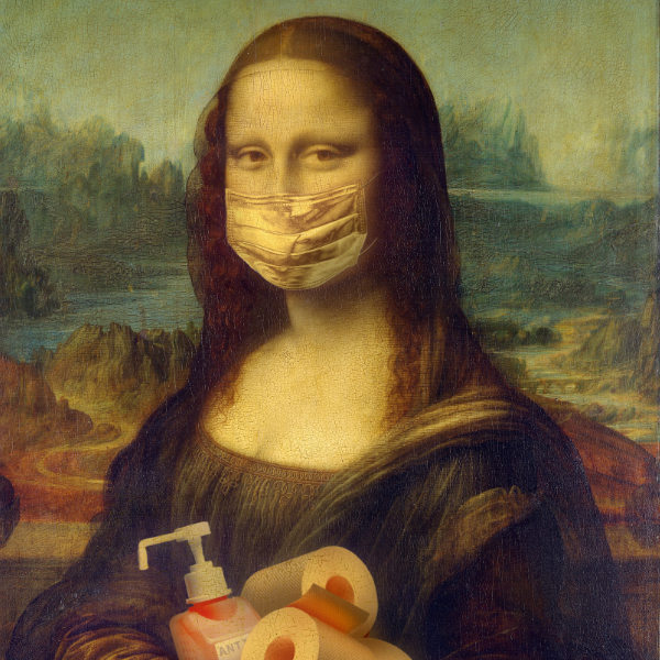 Moana Lisa painting with mask and sanitiser